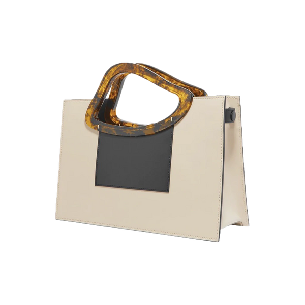 Beige black calf leather medium structured rectangle bag with bio resin handle and removable calf leather shoulder strap on a white stand