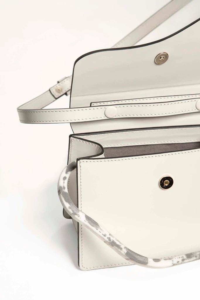 Rectangle handbag off white calf leather with natural resin handle flap closure and removable calf leather cross body strap
