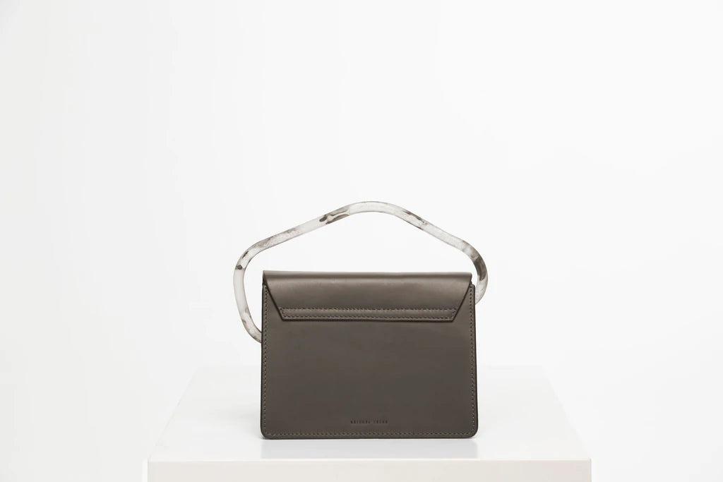 Rectangle handbag taupe calf leather with natural resin handle flap closure and removable calf leather cross body strap